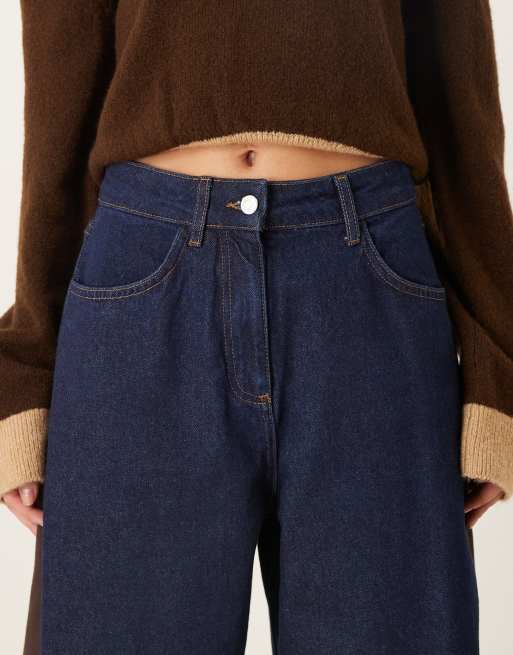 ASOS DESIGN - Jeans bombati color indaco con pannelli laterali in tessuto a coste, 4 di 5