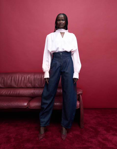 ASOS DESIGN - Jeans bombati lavaggio blu inchiostro con vita alta a corsetto - view 1