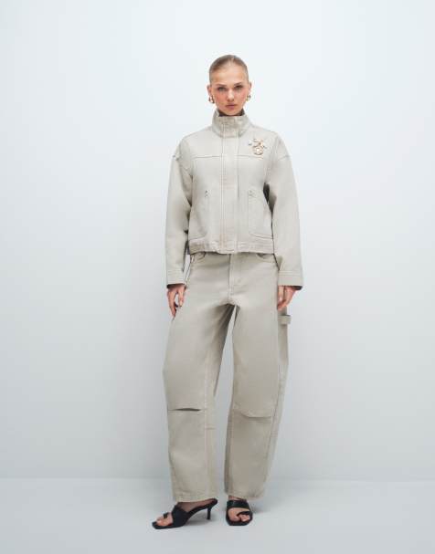 ASOS DESIGN - Jeans bombati stile aviatore e giacca di jeans con collo a imbuto colore neutro in coordinato - view 1