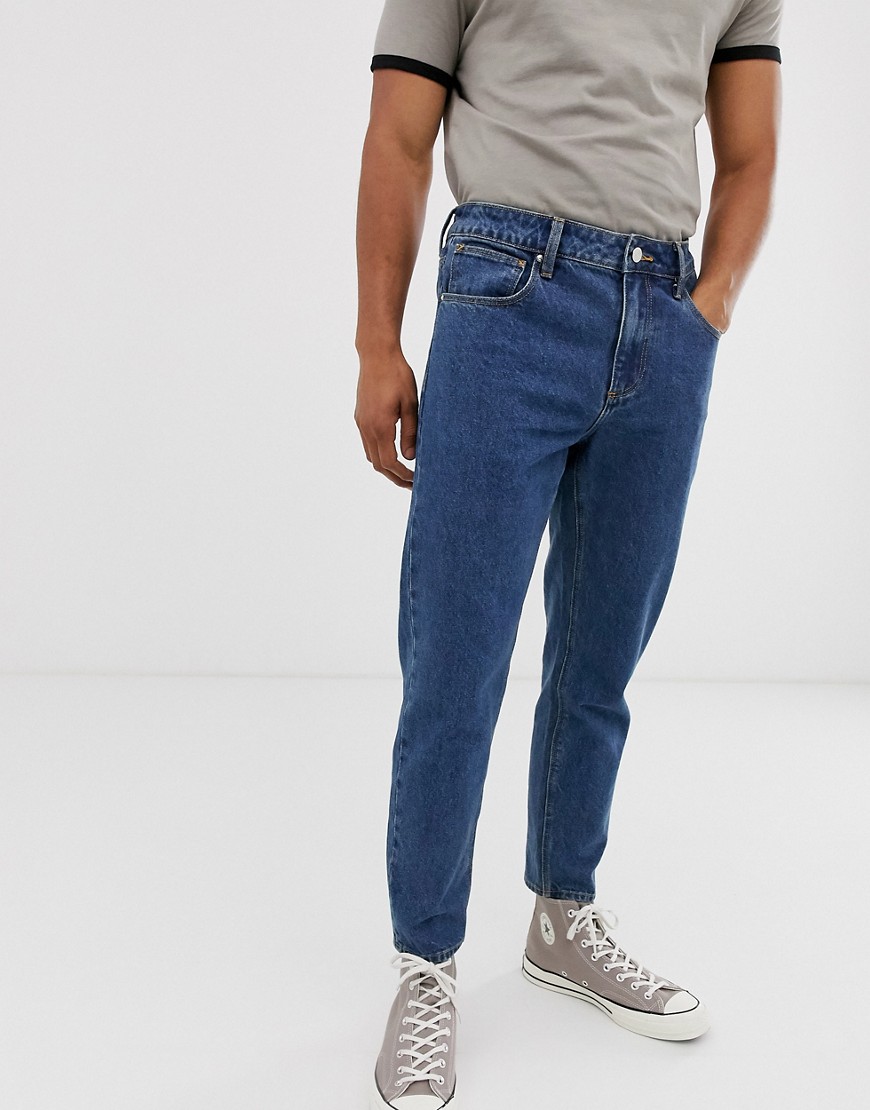 ASOS DESIGN - Jeans classici in denim rigido stone wash scuro con vita elasticizzata-Blu