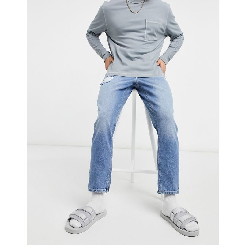 01I7s Jeans dritti DESIGN - Jeans classici rigidi lavaggio blu chiaro vintage con abrasioni