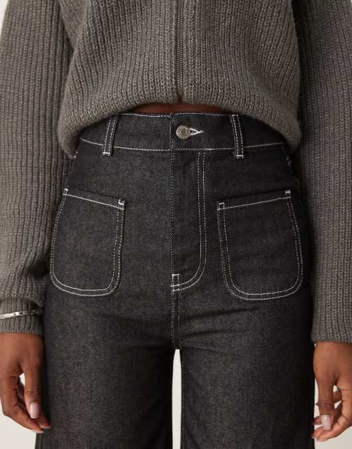 ASOS DESIGN - Jeans cropped neri a fondo ampio con cuciture écru a contrasto e tasche applicate, 4 di 5