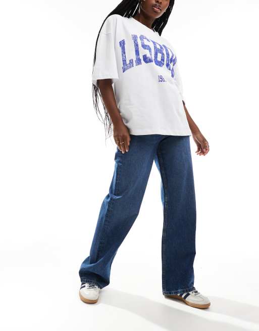ASOS DESIGN - Jeans dad fit a vita alta blu medio scuro con fondo ampio