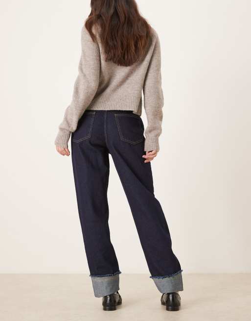 ASOS DESIGN - Jeans dad fit color indaco con risvolto e fondo effetto invecchiato, 3 di 5