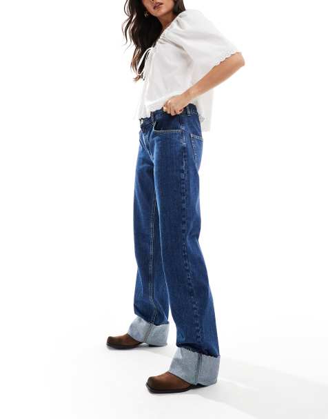 ASOS DESIGN - Jeans dritti a vita bassa blu medio con risvolti - view 1