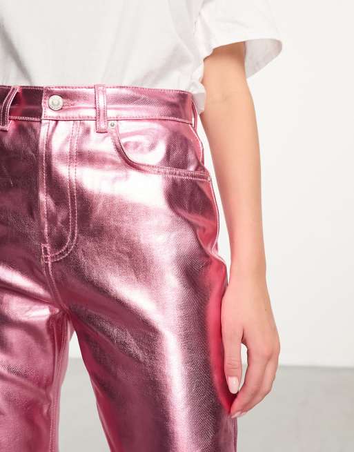 ASOS DESIGN Jeans dritti a vita medio alta rosa metallizzato ASOS