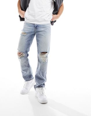 ASOS DESIGN straight leg jeans in light wash blue with heavy rips - ASOS Price Checker