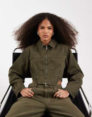 Jeans-Hemdjacke in Khaki mit Korsett-Design, Kombiteil-Braun Braun 38