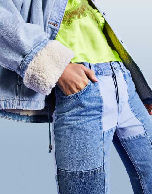 ASOS DESIGN – Jeans in Blau mit mittelhohem Bund, geradem Schnitt und Patchwork-Muster, 3 von 4