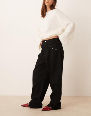 Thumbnail - ASOS DESIGN - Jeans in Schwarz mit weitem Bein und Ösendetails
