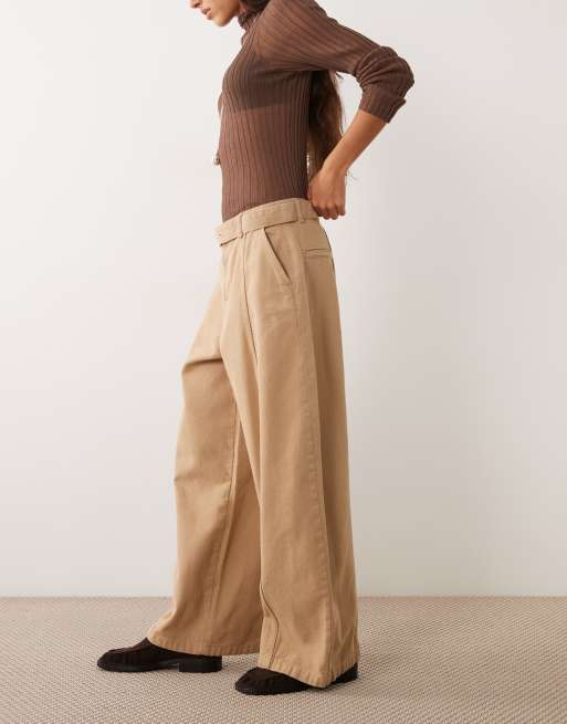 ASOS DESIGN jeans in tela a gamba larga con cintura in kaki, 2 di 5