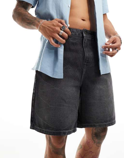 ASOS DESIGN – Jeans-Jorts in normaler Länge in verwaschenem Schwarz