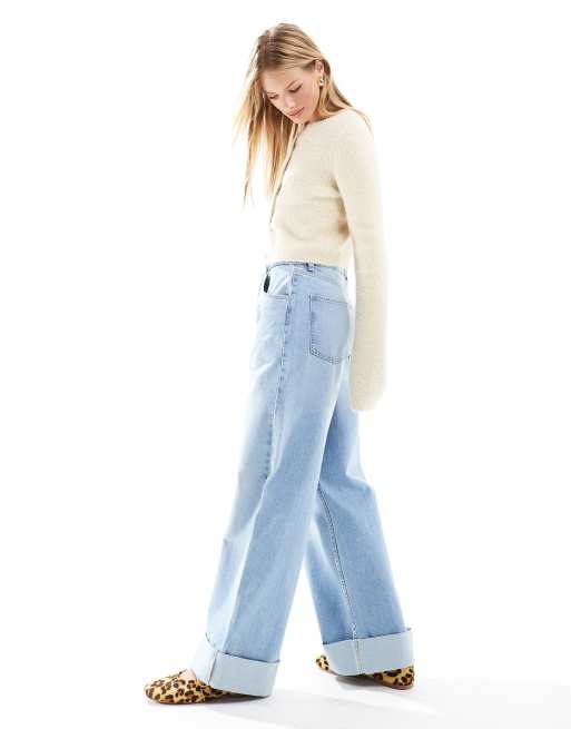 ASOS DESIGN Jeans larghi blu chiaro con risvolto ampio ASOS