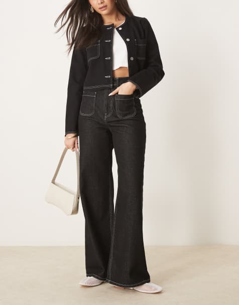 ASOS DESIGN - Jeans larghi neri con cuciture a contrasto e tasche applicate - view 1