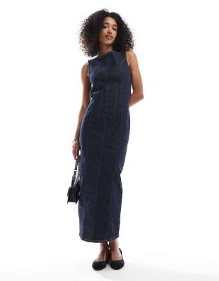 ASOS DESIGN - Jeans-Maxikleid in Indigo mit betonter Taille und Schlitz vorne-Marineblau