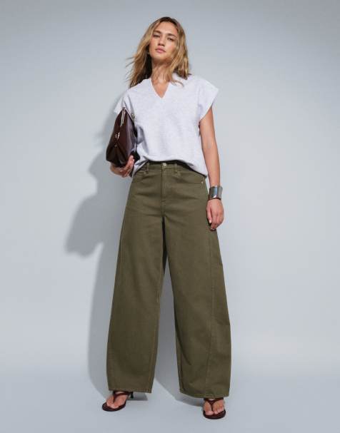 ASOS DESIGN jeans med barrel-leg och rosett i khaki - view 1