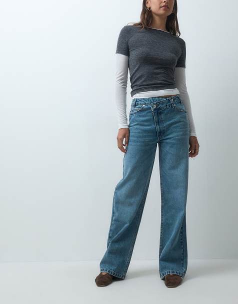 ASOS DESIGN jeans med krydset talje og lige, brede ben i mellemblå - view 1