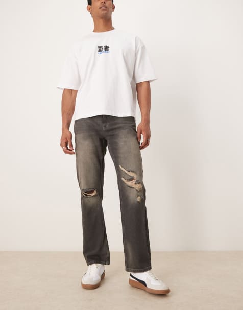 ASOS DESIGN – Jeans med raka ben, revor och mellanljus tvätt - view 1