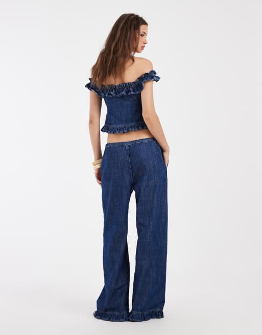 ASOS DESIGN - Jeans met elastische taille en ruches in middenblauw, deel van co-ord set, 3 van 5