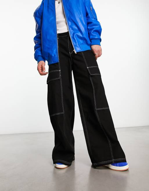 ASOS DESIGN - Jeans met extreem wijde pijpen en contrasterende stiksels in zwart