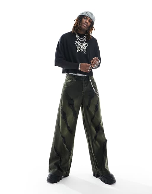 ASOS DESIGN - Jeans met extreem wijde pijpen en grunge-scheuren in groen getinte wassing