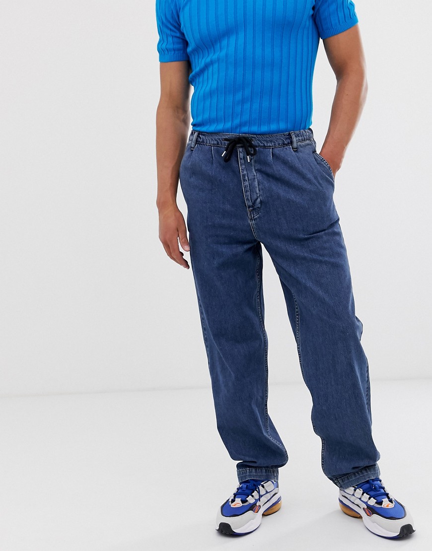 ASOS DESIGN - Jeans met hoge elastische taille in blauwe dark wash