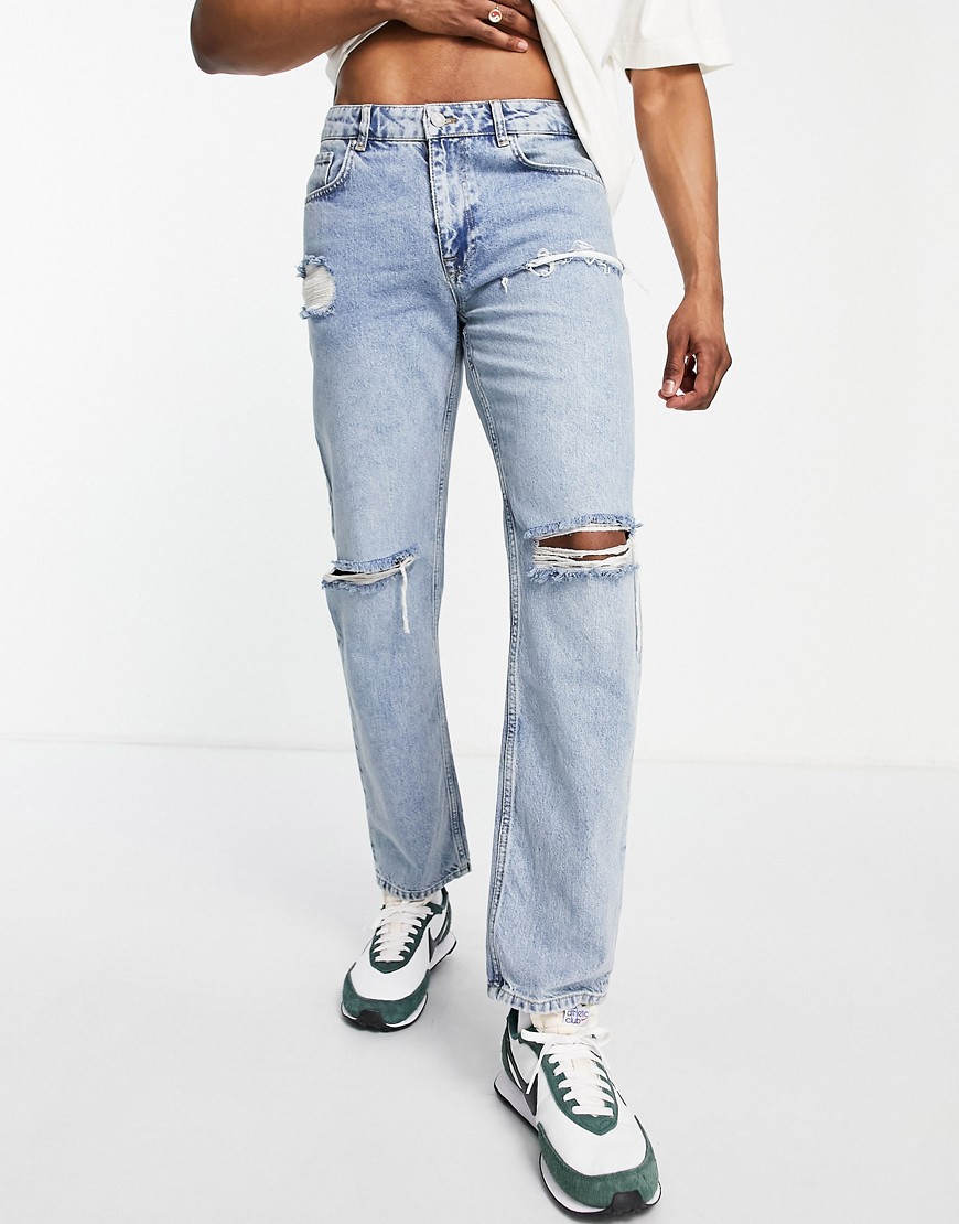 ASOS DESIGN - Jeans met originele pasvorm en grote scheuren in stone met wassing-Blauw