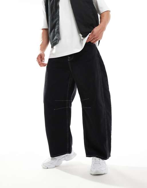 ASOS DESIGN - Jeans met overdreven wijde ronde pijpen en contrasterende naden in zwart met wassing