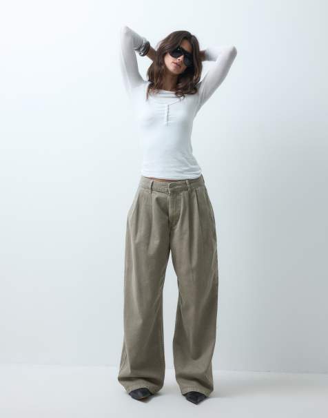 ASOS DESIGN jeans met plooien aan de voorkant en hoefijzervorm in biscuit - view 1