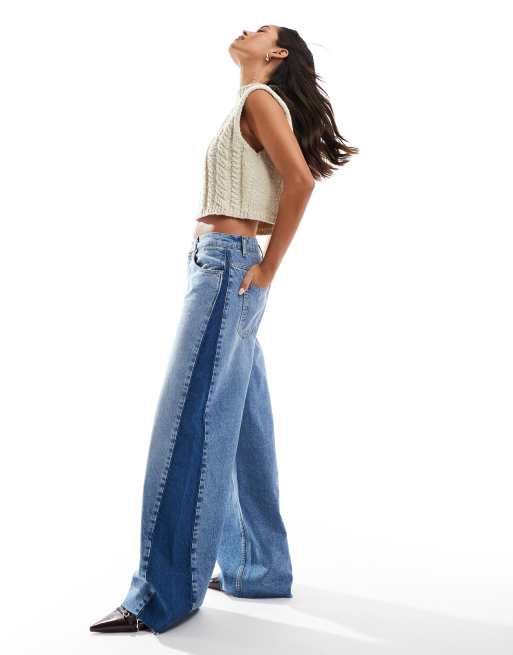 ASOS DESIGN - Jeans met wijde pijpen en contrasterend inzetstuk aan de zijkanten in middenblauw