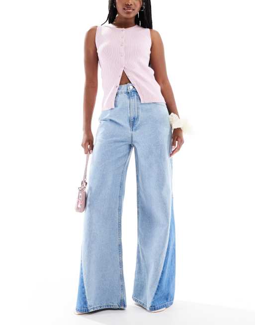  ASOS DESIGN - Jeans met wijde pijpen, hoge taille, scheuren en open zoom