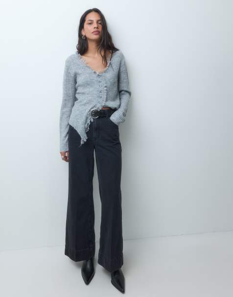 ASOS DESIGN - Jeans met wijde pijpen, vouw aan de voorkant en riem in zwart - view 1