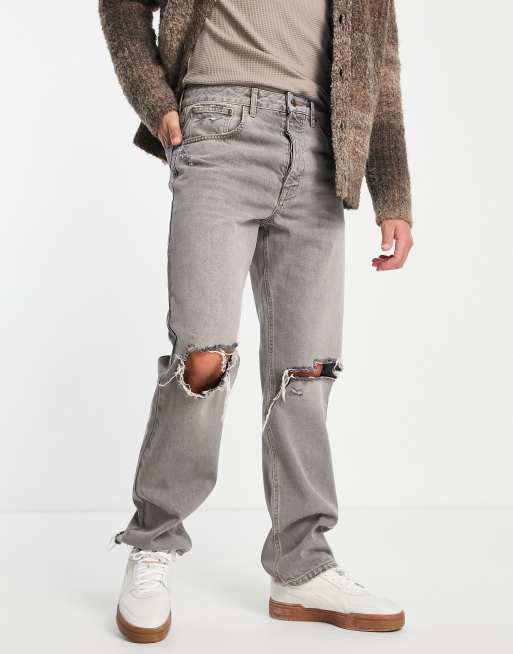 ASOS DESIGN - Jeans met wijde rechte pijpen en gescheurde knieën in getint grijs