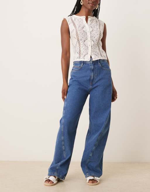 ASOS DESIGN - Jeans met wijde ronde pijpen en naaddetail in middenblauw, deel van co-ord set