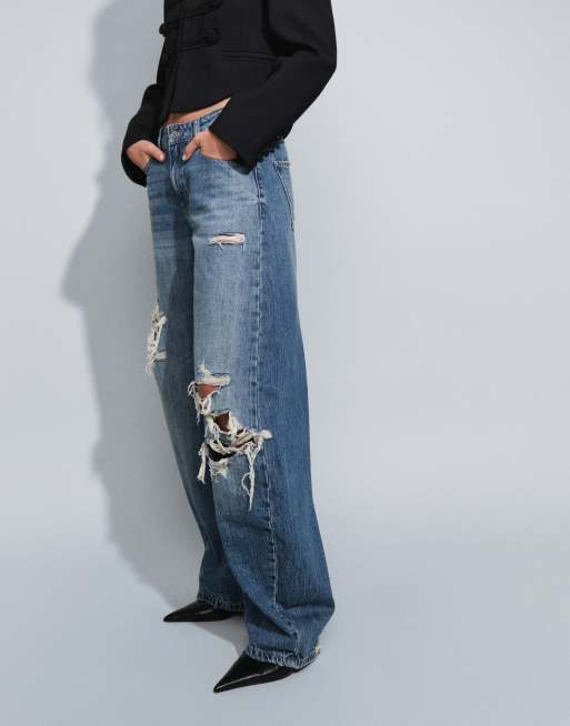 ASOS DESIGN Jeans mit Barrel-Leg, Schleife, Rissen und dunkler Mittelblau-Waschung, 3 von 5