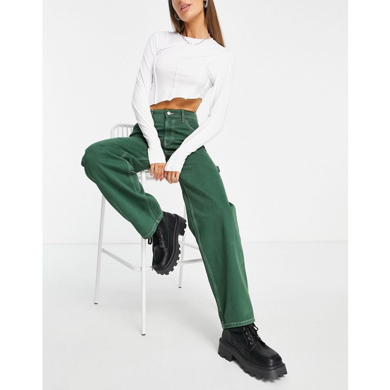 Donna Jeans DESIGN - Jeans modello skater oversize a vita medio alta verdi con cuciture a contrasto