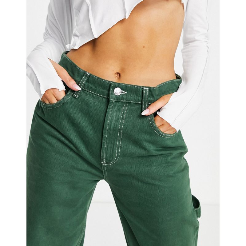 Donna Jeans DESIGN - Jeans modello skater oversize a vita medio alta verdi con cuciture a contrasto