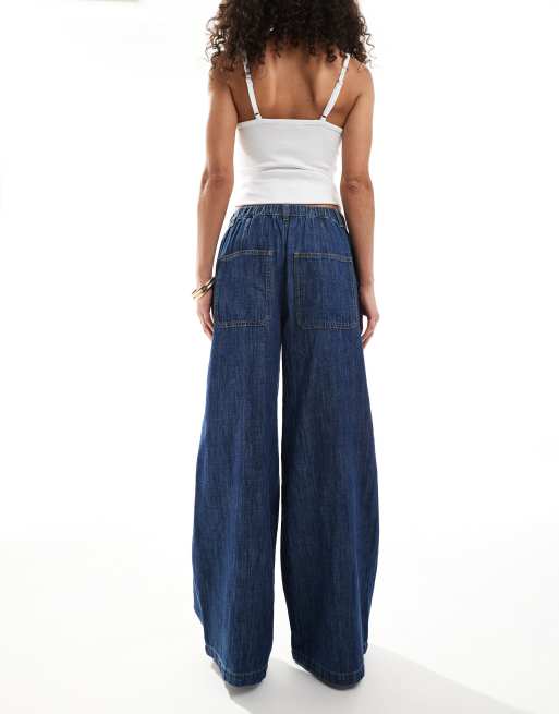 ASOS DESIGN - Jeans morbidi a fondo ampio in misto lino blu medio scuro, 2 di 5