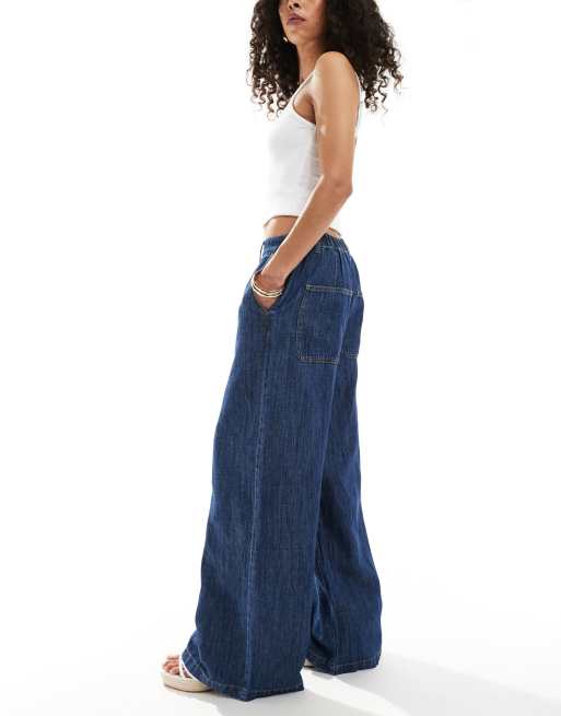 ASOS DESIGN - Jeans morbidi a fondo ampio in misto lino blu medio scuro, 3 di 5