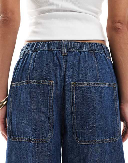 ASOS DESIGN - Jeans morbidi a fondo ampio in misto lino blu medio scuro, 4 di 5