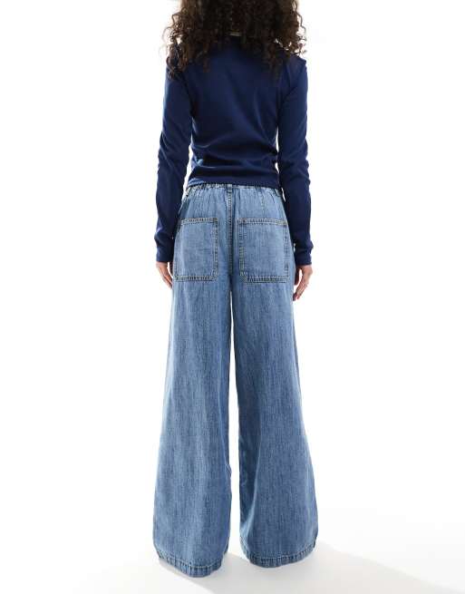 ASOS DESIGN - Jeans morbidi a fondo ampio in misto lino blu medio, 2 di 5