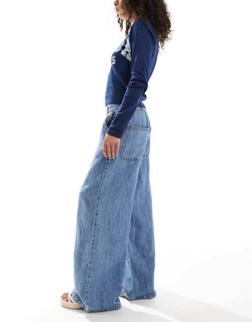 ASOS DESIGN - Jeans morbidi a fondo ampio in misto lino blu medio, 3 di 5