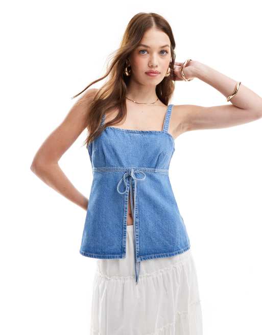 ASOS DESIGN – Jeans-Oberteil in Mittelblau mit geteilter Vorderseite