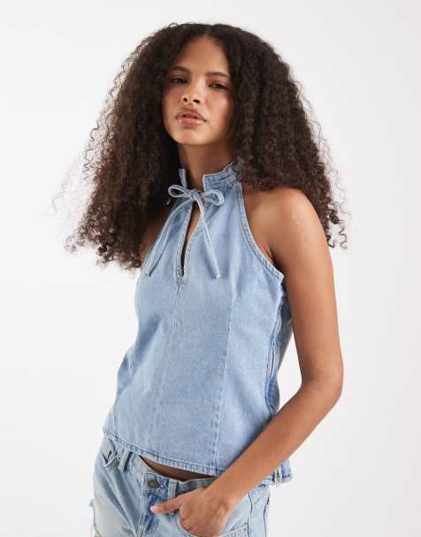 ASOS DESIGN – Jeans-Oberteil mit Schlüssellochausschnitt und Mandarinkragen - view 1