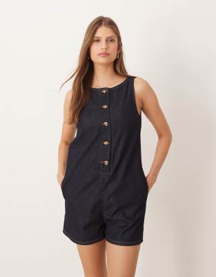 ASOS DESIGN - Jeans-Playsuit in Indigo mit Knopfleiste vorn-Marineblau