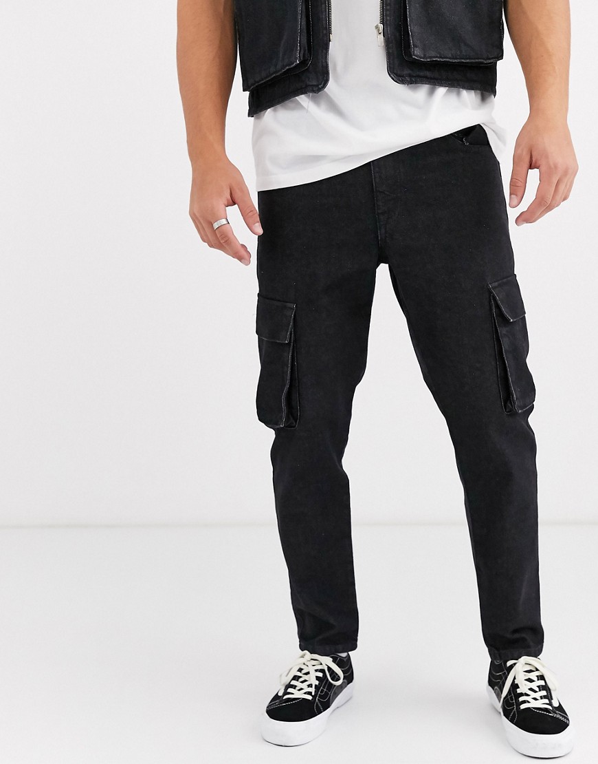 ASOS DESIGN - Jeans rigidi classici con tasche cargo nero slavato