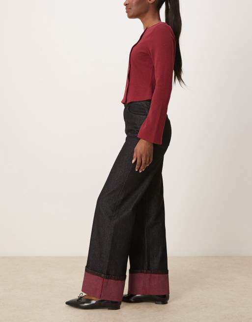 ASOS DESIGN - Jeans risvoltati neri con risvolto a contrasto, 3 di 5