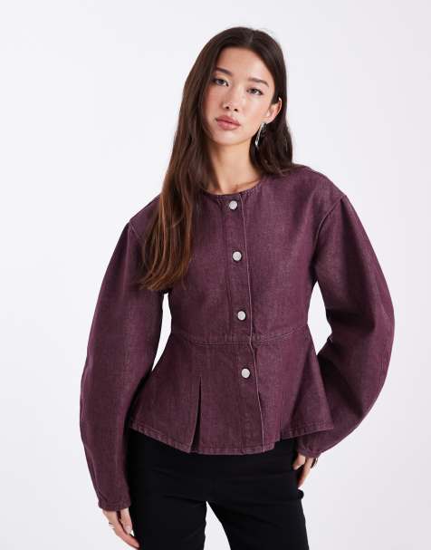 ASOS DESIGN – Jeans-Schößchenoberteil in Pflaume mit Konkon-Ärmeln - view 1