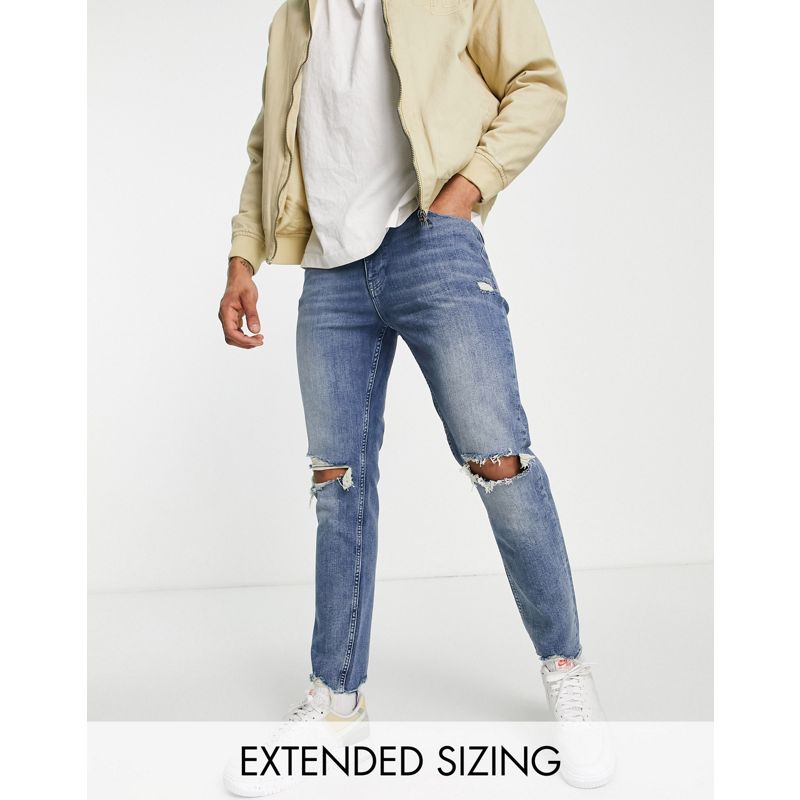 Uomo Jeans skinny DESIGN - Jeans skinny blu medio con strappi sulle ginocchia e fondo grezzo 