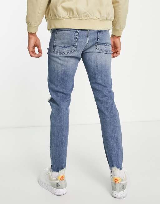 ASOS DESIGN - Jeans skinny blu medio con strappi sulle ginocchia e fondo grezzo , 3 di 4